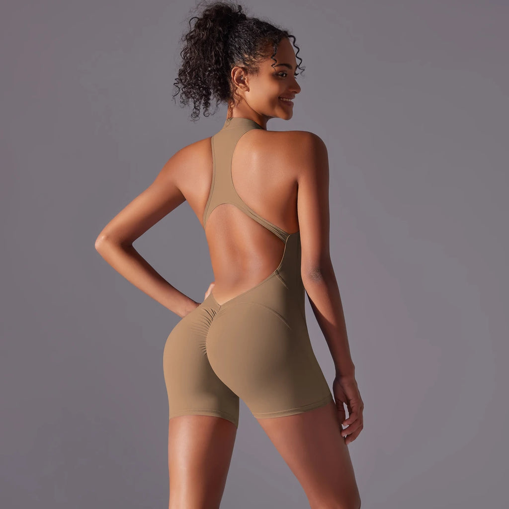 Half Zipper Women Bodysuits Gym Push Up Workout Clothes Backless Scrunch Fitness Sports Yoga Bodysuit Sleeveles Fitness Jumpsuit