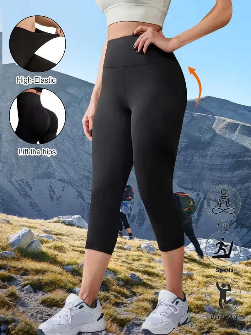 Womens High Waisted 7 Length Non See Through Leggings Ultra Soft Compression Tummy Control Yoga Workout Pants Plus Size Shorts