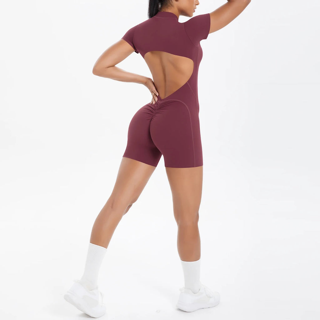 Hollow Out Backless Short Sleeved Zipper Jumpsuit for Woman Jumpsuit Yoga Suit One-Piece Legging Short Push Up Gym Yoga Clothing