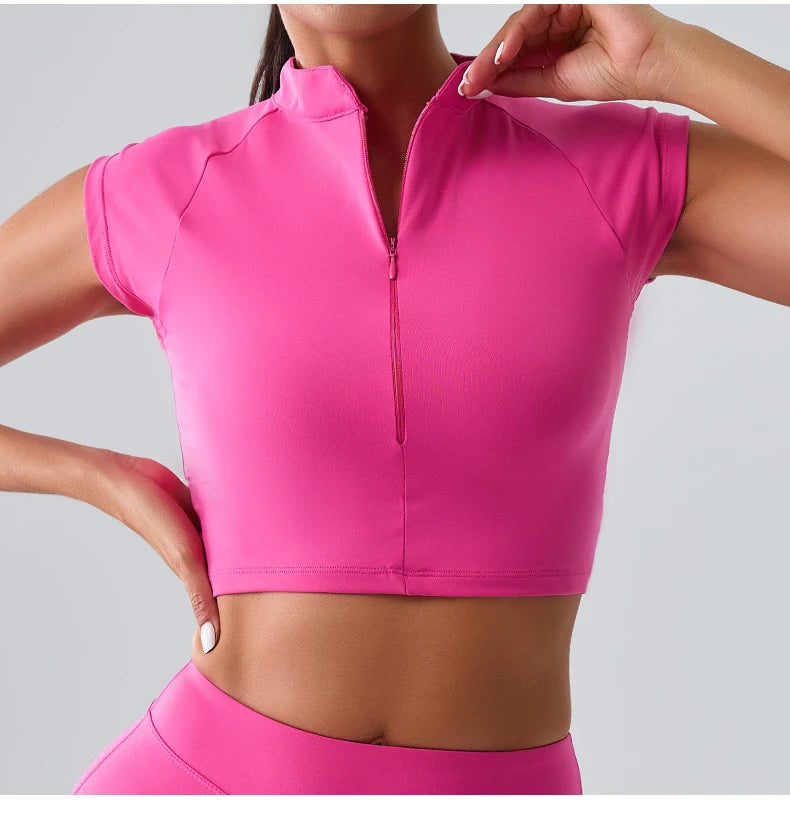 Women Yoga Top Zipper Sport T Shirts Push Up Fitness Clothes Workout Short Sleeve Yoga Shirt Gym Top Quick Drying Running Top