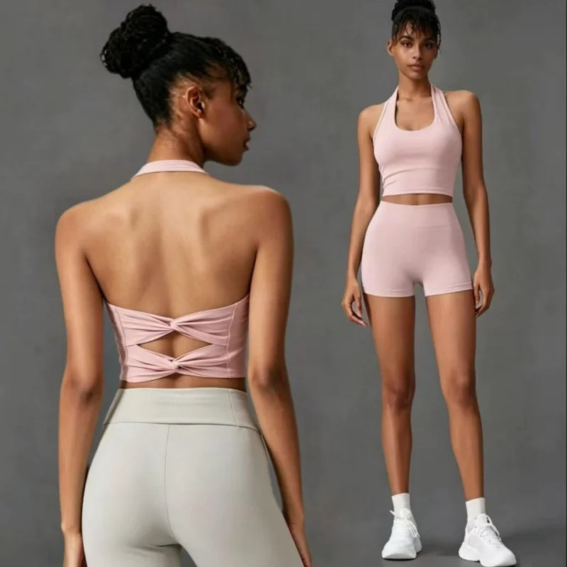 Women's Back Knot Yoga Bra Padded Halter Neck Criss Cross Sports Bra Push Up Seamless Quick Dry Workout Top for Gym Fitness