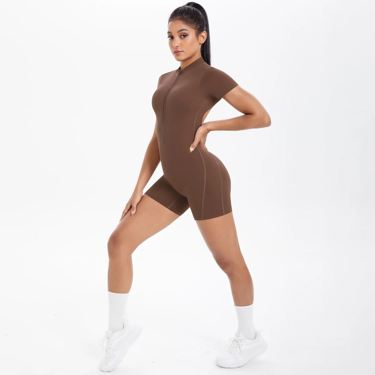 Hollow Out Backless Short Sleeved Zipper Jumpsuit for Woman Jumpsuit Yoga Suit One-Piece Legging Short Push Up Gym Yoga Clothing