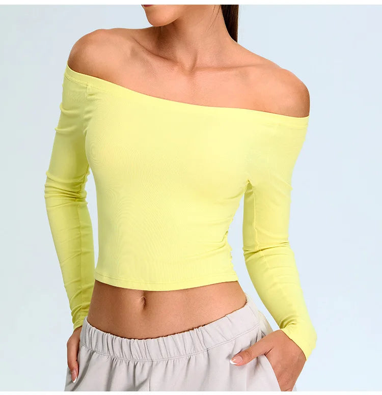 Off Shoulder Long Sleeve Yoga T-shirts Women Solid Sports Top Gym Workout Running Shirts Sexy Quick Dry Fitness Gym Sport Wear