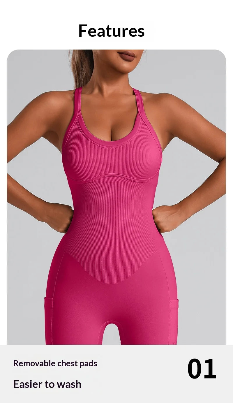 Sports Bra Built-in Criss Cross Back Yoga Bodysuit, Sexy Racerback One Piece Workout Unitard with Shorts & Padded for Women