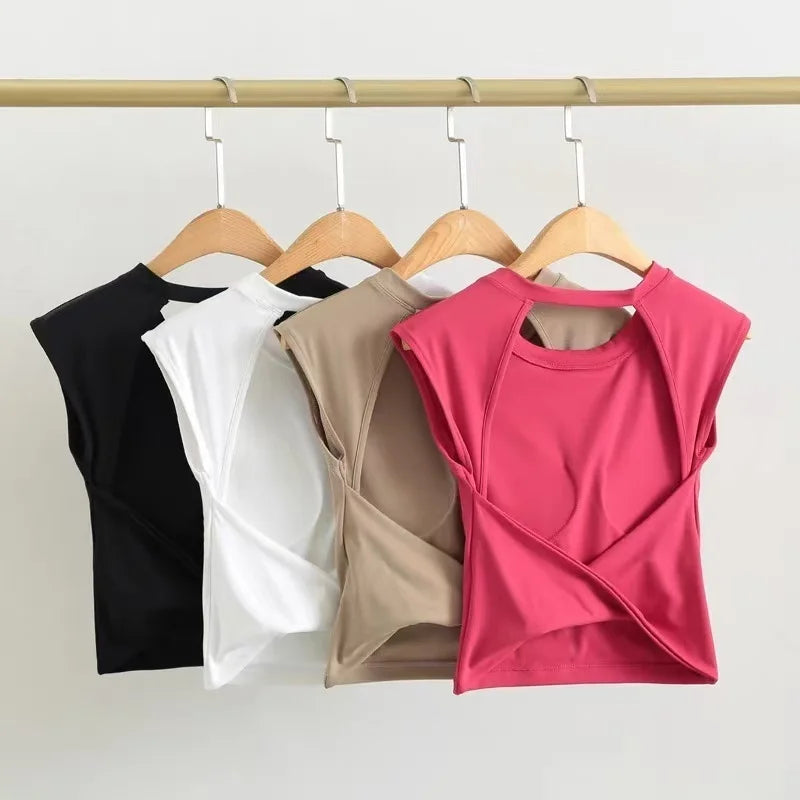 Women's Sexy Backless Cropped Yoga Tank Top with Fixed Pads - Quick Dry, Moisture Wicking, Slim Fit Workout T-Shirt for Gym Fitn