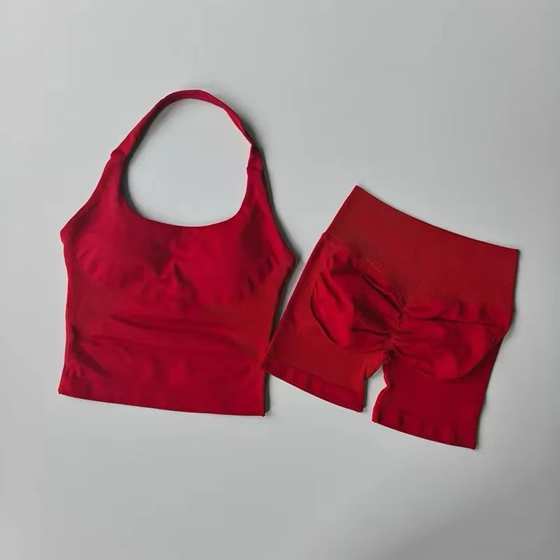 Women‘s Seamless Yoga Set 2 Piece Halter Backless Sports Bra High Waist Scrunch Butt Shorts Workout Gym Clothes Activewear