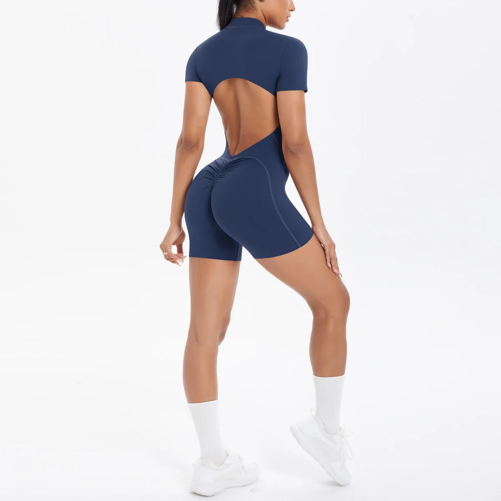 Hollow Out Backless Short Sleeved Zipper Jumpsuit for Woman Jumpsuit Yoga Suit One-Piece Legging Short Push Up Gym Yoga Clothing