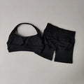 Women Halter Open‑Back Seamless Summer Set Breathable Sculpt Top High‑Waist Peach Biker Shorts 2‑Piece Yoga Gym Running Outfit