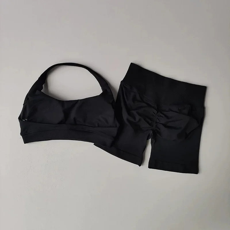 Women Halter Open‑Back Seamless Summer Set Breathable Sculpt Top High‑Waist Peach Biker Shorts 2‑Piece Yoga Gym Running Outfit