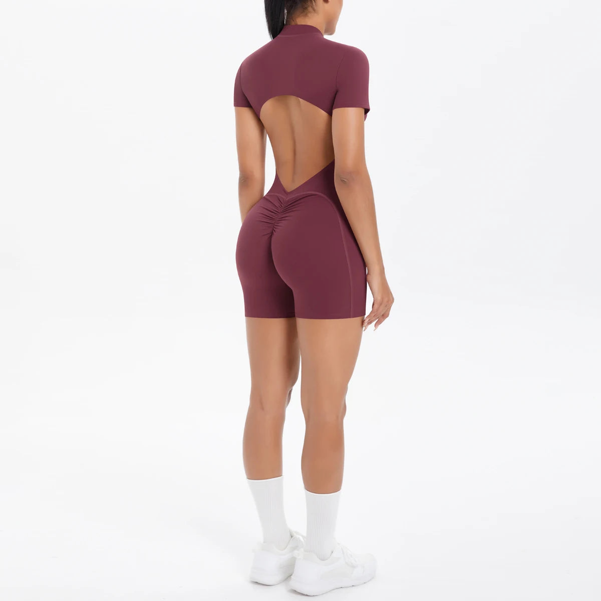 Hollow Out Backless Short Sleeved Zipper Jumpsuit for Woman Jumpsuit Yoga Suit One-Piece Legging Short Push Up Gym Yoga Clothing