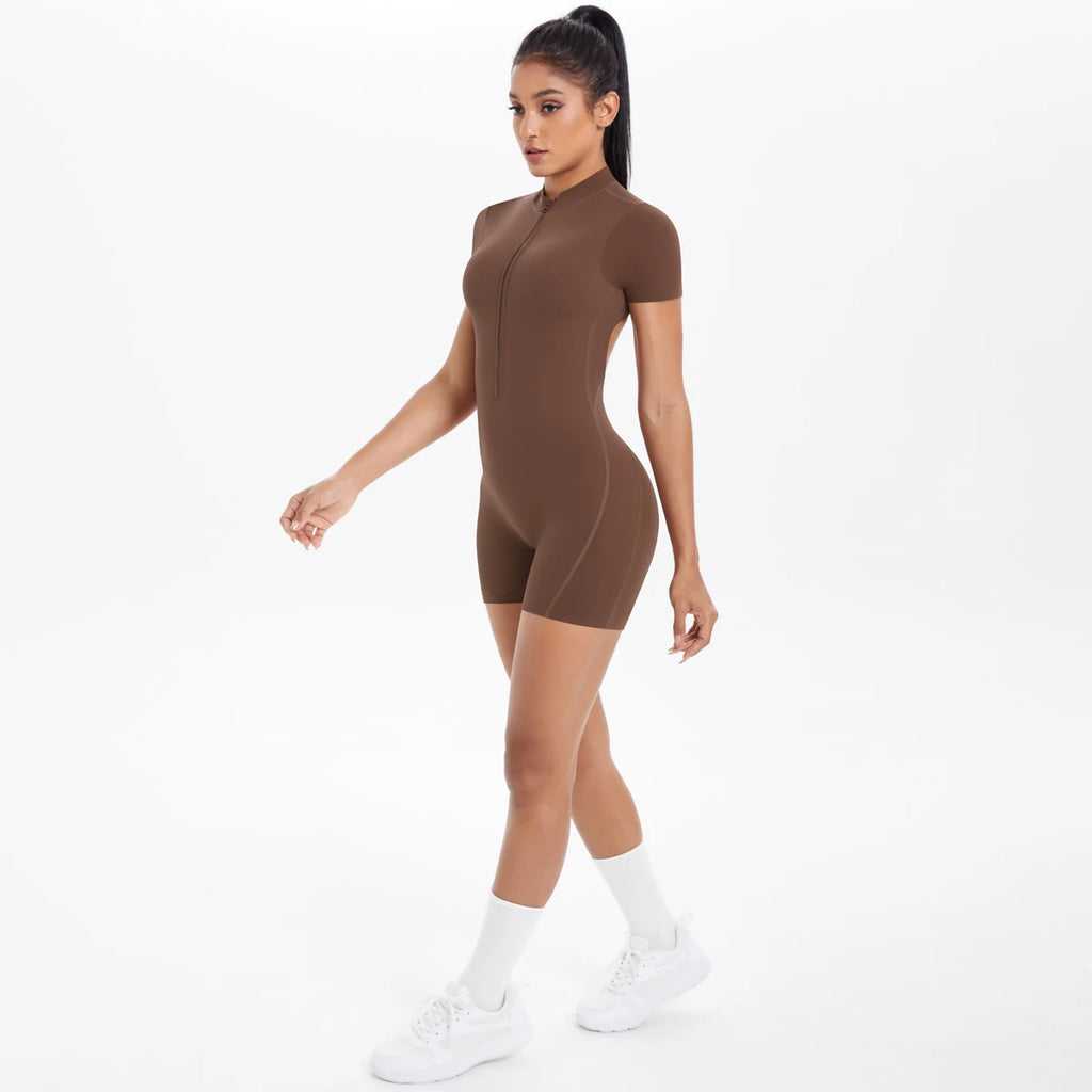 Hollow Out Backless Short Sleeved Zipper Jumpsuit for Woman Jumpsuit Yoga Suit One-Piece Legging Short Push Up Gym Yoga Clothing