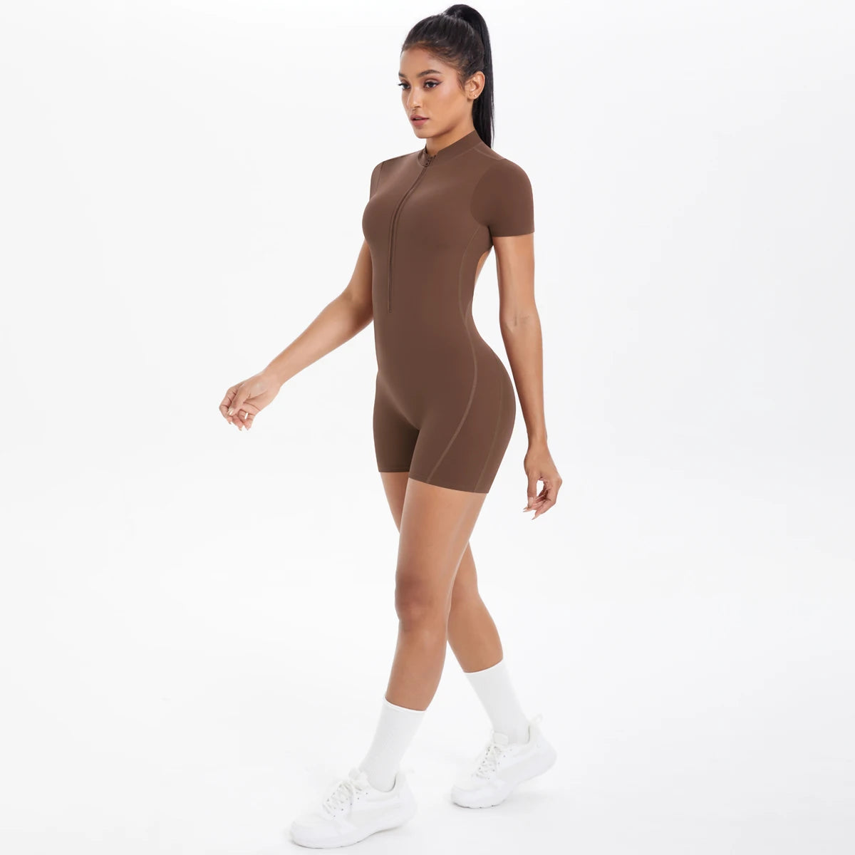 Hollow Out Backless Short Sleeved Zipper Jumpsuit for Woman Jumpsuit Yoga Suit One-Piece Legging Short Push Up Gym Yoga Clothing