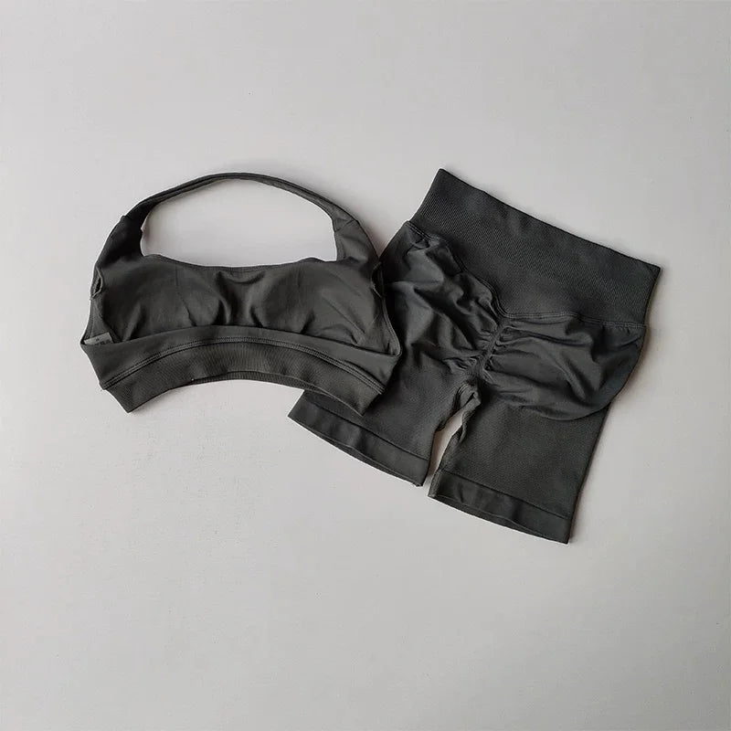 Women Halter Open‑Back Seamless Summer Set Breathable Sculpt Top High‑Waist Peach Biker Shorts 2‑Piece Yoga Gym Running Outfit