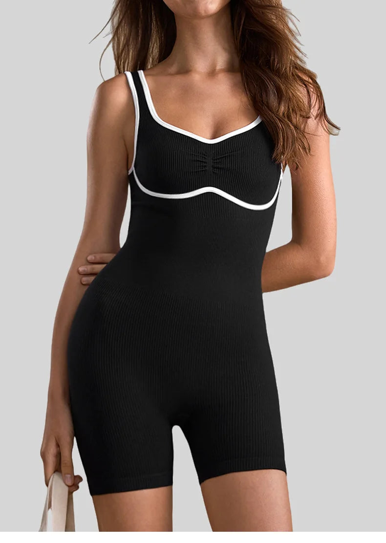 DPSTGYM-Women's Low V-Neck Yoga Jumpsuit, One-Piece Sports Shorts Set, Open-Back Gym Tracksuit, Fitted Ribbed Workout Set.