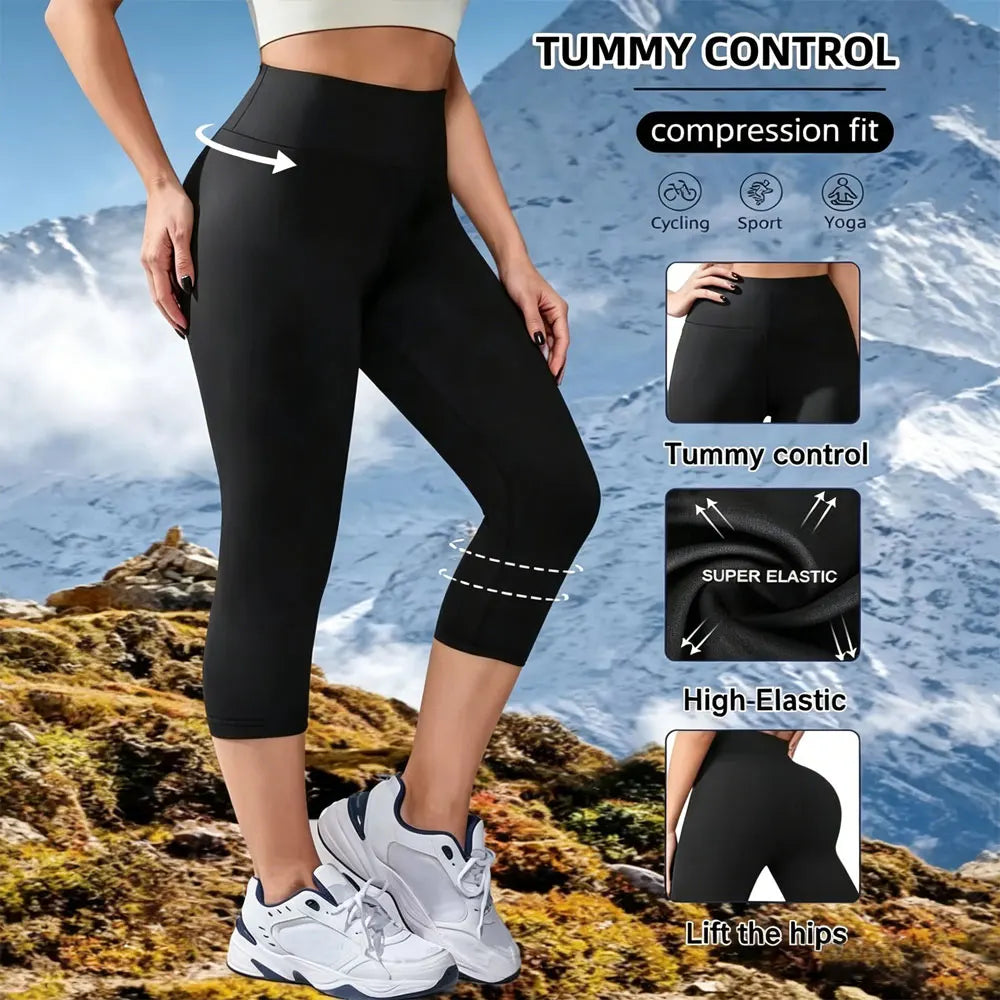 Womens High Waisted 7 Length Non See Through Leggings Ultra Soft Compression Tummy Control Yoga Workout Pants Plus Size Shorts