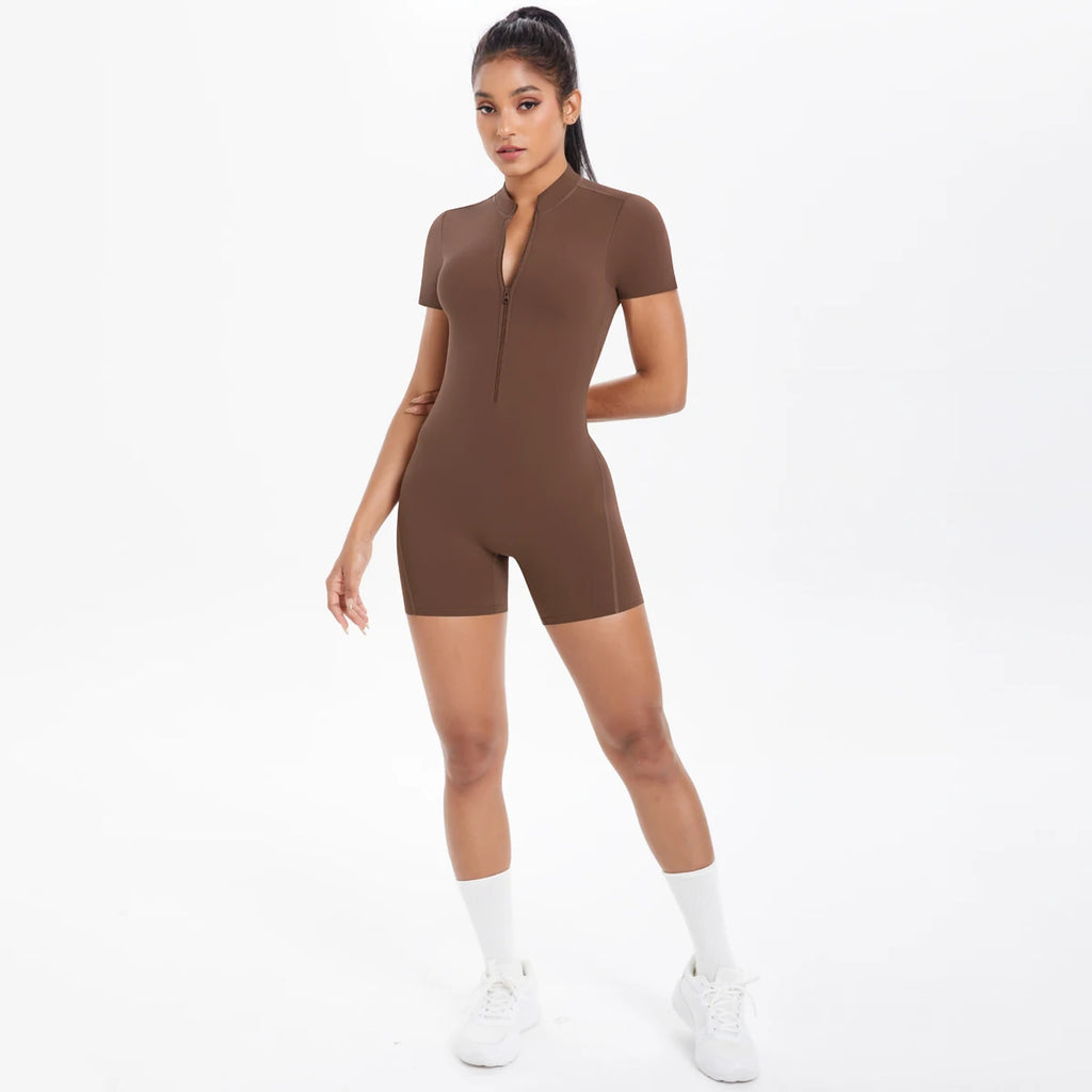 Hollow Out Backless Short Sleeved Zipper Jumpsuit for Woman Jumpsuit Yoga Suit One-Piece Legging Short Push Up Gym Yoga Clothing