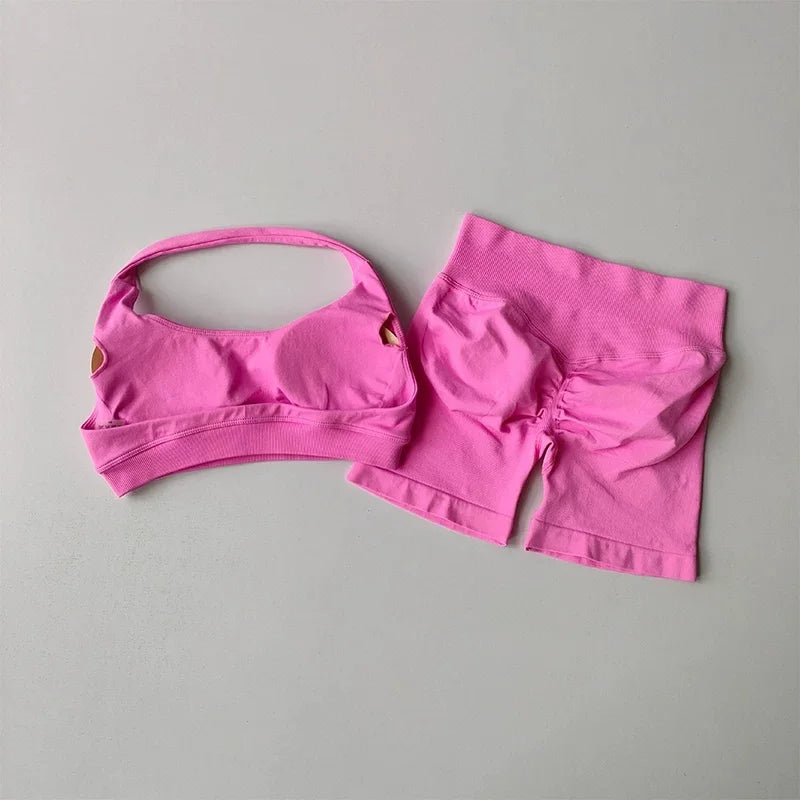 Women Halter Open‑Back Seamless Summer Set Breathable Sculpt Top High‑Waist Peach Biker Shorts 2‑Piece Yoga Gym Running Outfit