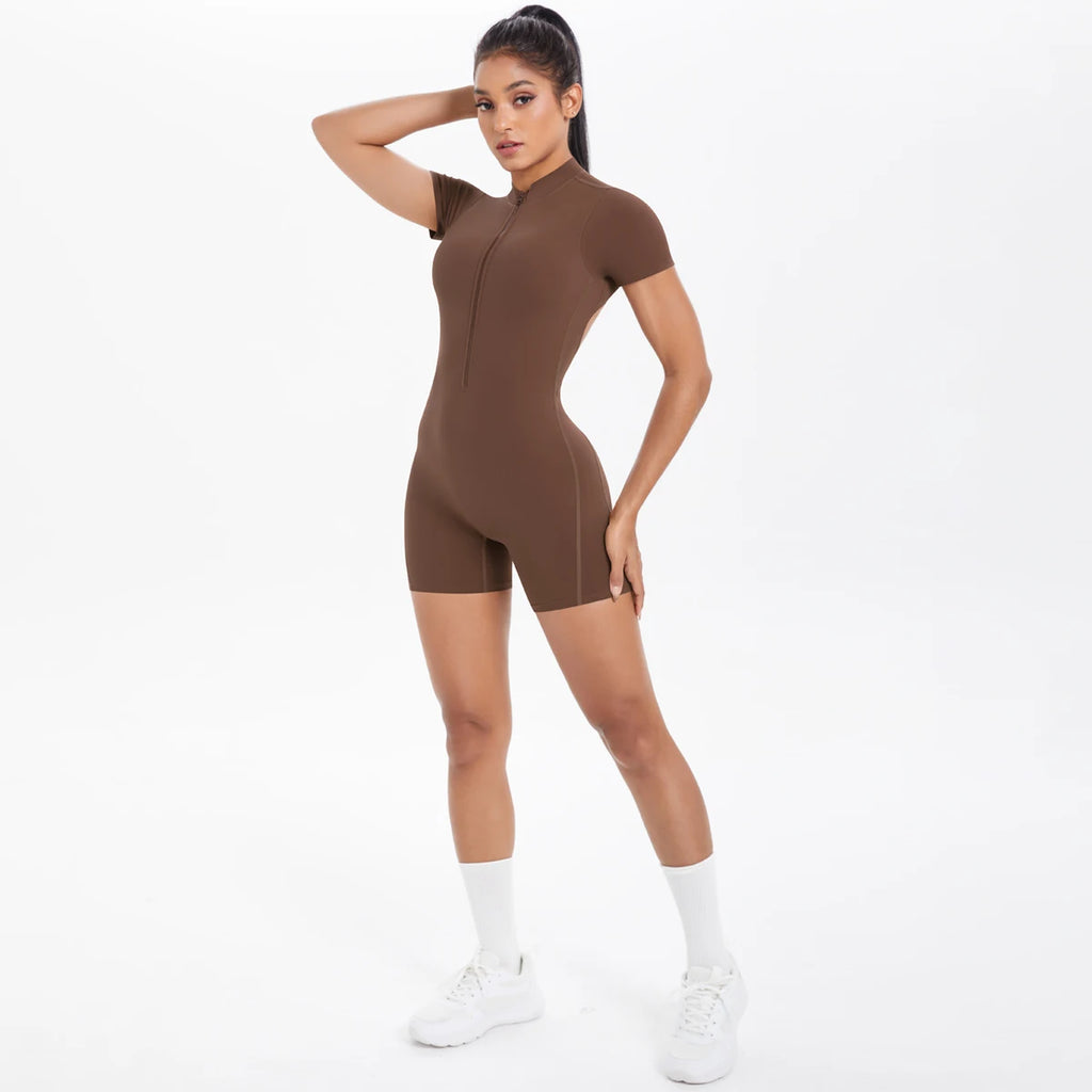 Hollow Out Backless Short Sleeved Zipper Jumpsuit for Woman Jumpsuit Yoga Suit One-Piece Legging Short Push Up Gym Yoga Clothing