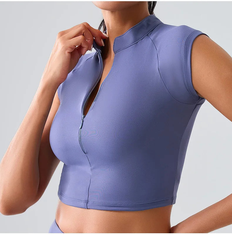 Women Yoga Top Zipper Sport T Shirts Push Up Fitness Clothes Workout Short Sleeve Yoga Shirt Gym Top Quick Drying Running Top