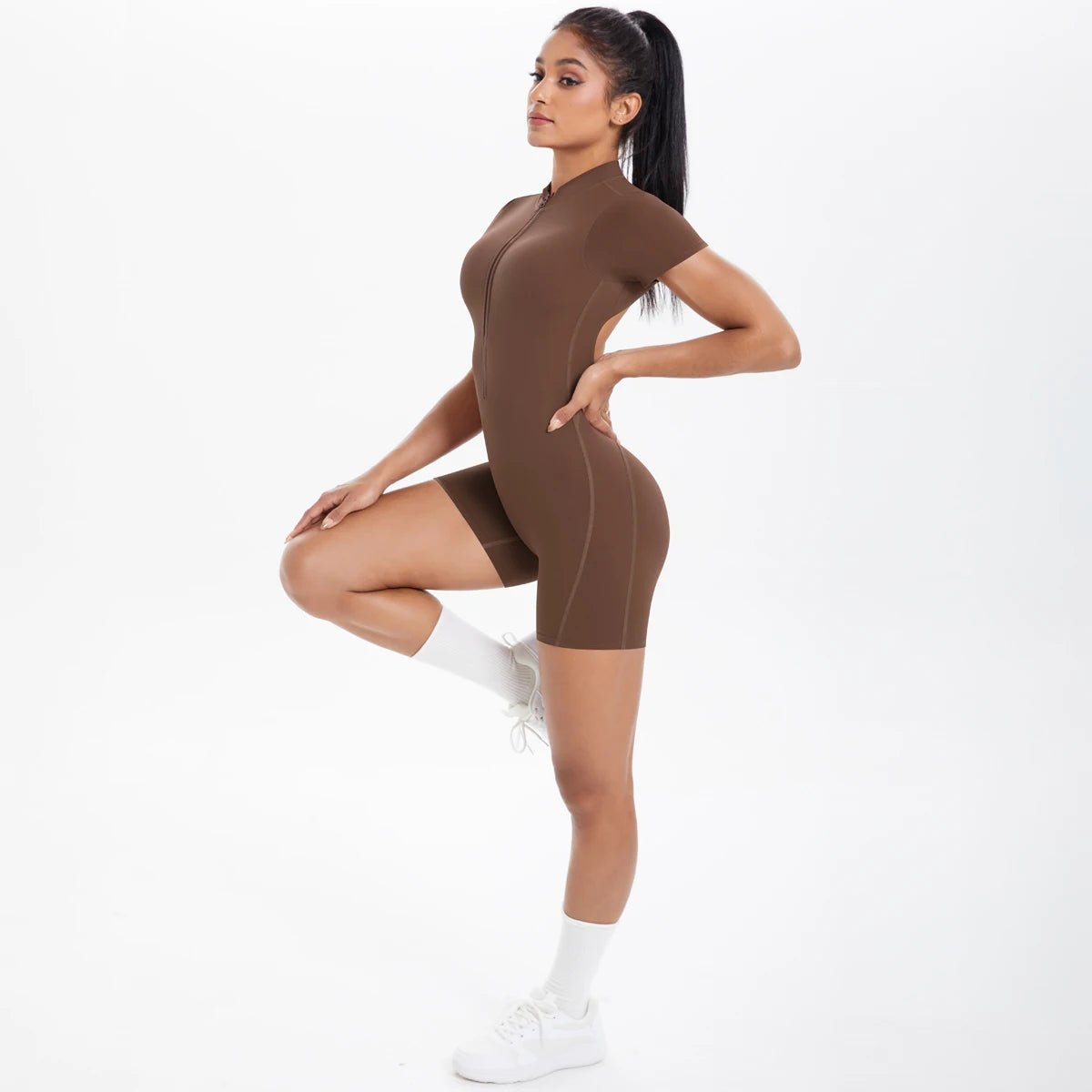 Hollow Out Backless Short Sleeved Zipper Jumpsuit for Woman Jumpsuit Yoga Suit One-Piece Legging Short Push Up Gym Yoga Clothing