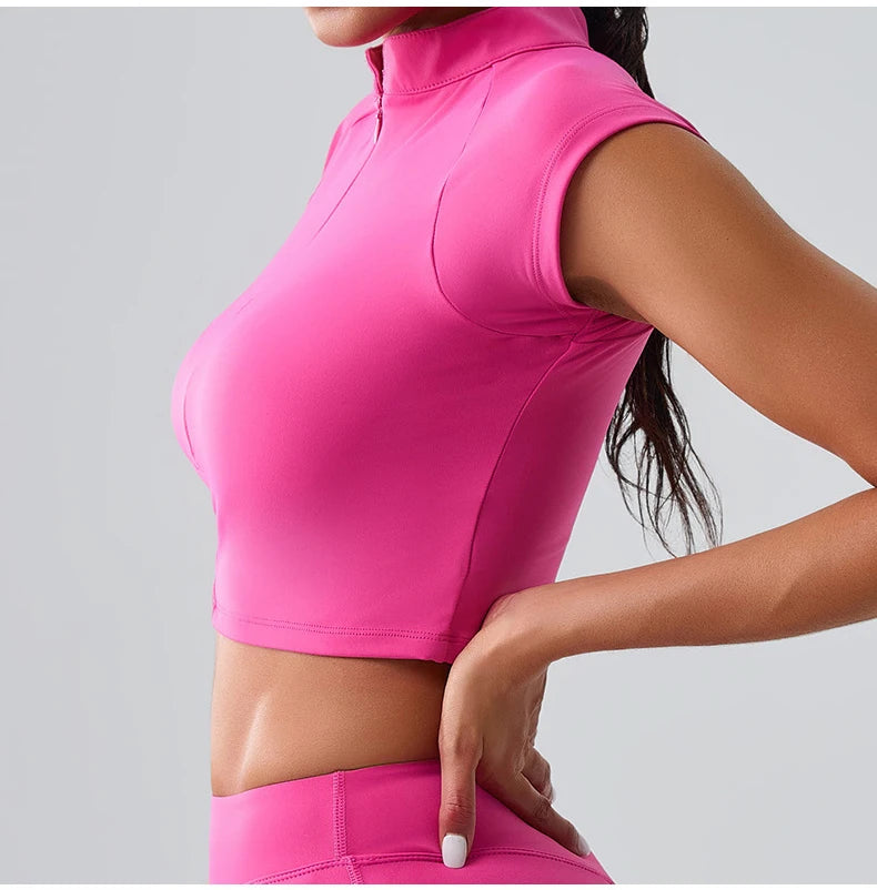 Women Yoga Top Zipper Sport T Shirts Push Up Fitness Clothes Workout Short Sleeve Yoga Shirt Gym Top Quick Drying Running Top