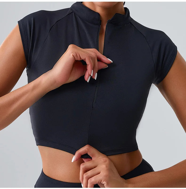 Women Yoga Top Zipper Sport T Shirts Push Up Fitness Clothes Workout Short Sleeve Yoga Shirt Gym Top Quick Drying Running Top