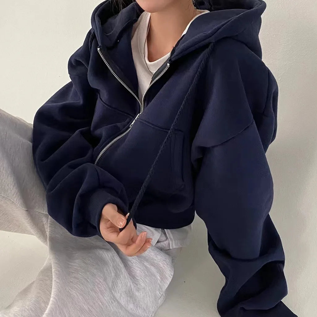 Autumn Winter Hooded Hoodies Women Casual Streetwear Zip Up