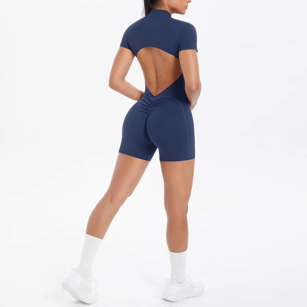 Hollow Out Backless Short Sleeved Zipper Jumpsuit for Woman Jumpsuit Yoga Suit One-Piece Legging Short Push Up Gym Yoga Clothing