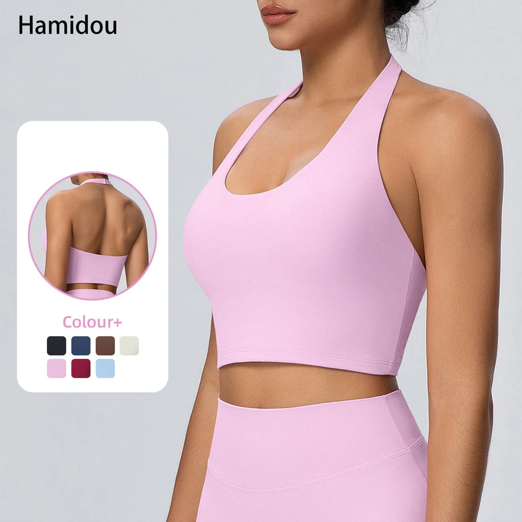 Summer Beautiful Back Hanging Neck Bra Woman Shockproof Workout Top Sports Underwear Yoga Vest with Chest Pad Sexy Women Bra