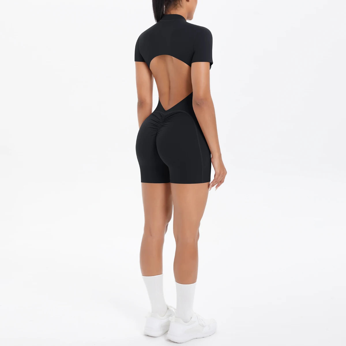 Hollow Out Backless Short Sleeved Zipper Jumpsuit for Woman Jumpsuit Yoga Suit One-Piece Legging Short Push Up Gym Yoga Clothing