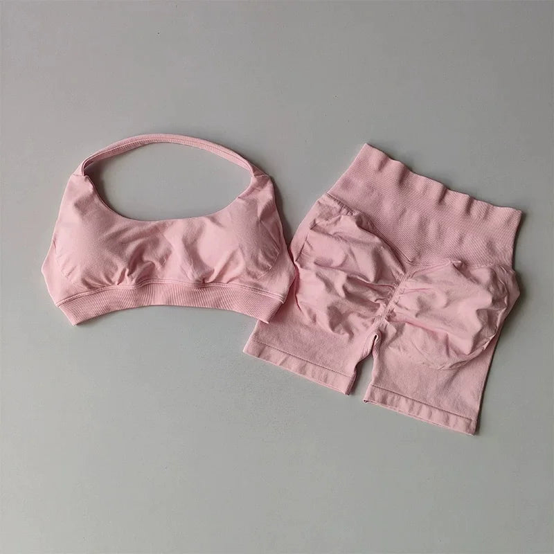 Women Halter Open‑Back Seamless Summer Set Breathable Sculpt Top High‑Waist Peach Biker Shorts 2‑Piece Yoga Gym Running Outfit