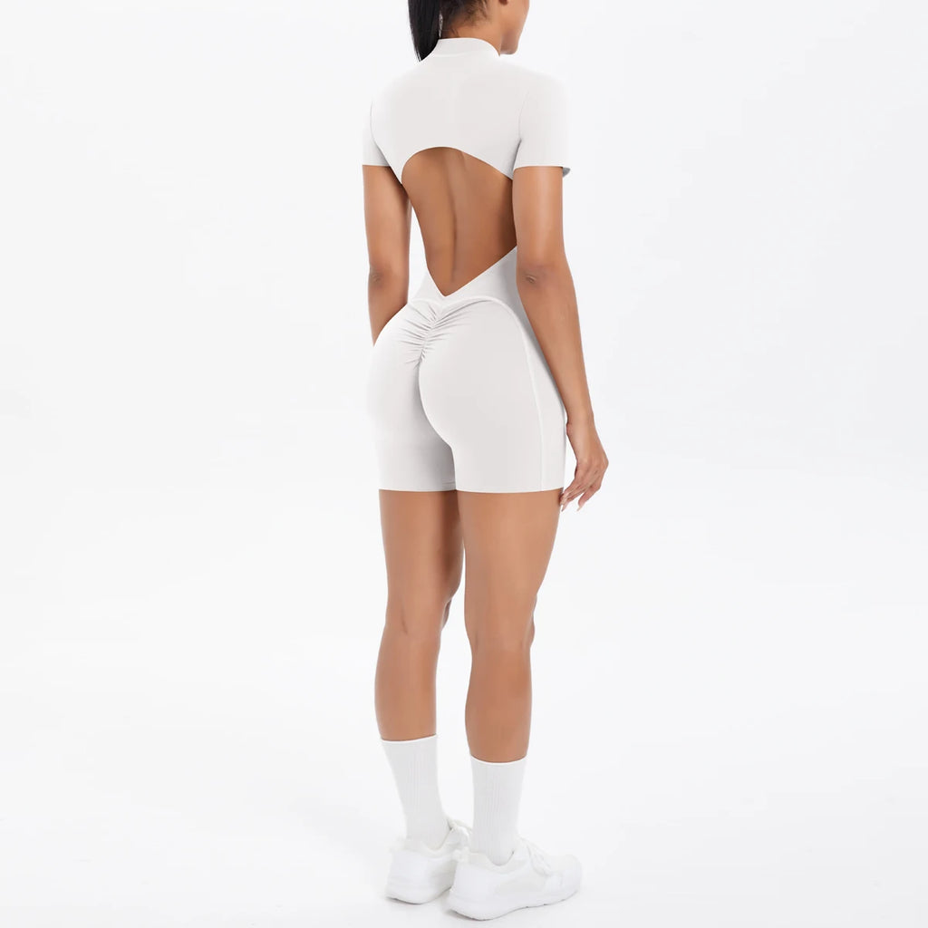 Hollow Out Backless Short Sleeved Zipper Jumpsuit for Woman Jumpsuit Yoga Suit One-Piece Legging Short Push Up Gym Yoga Clothing