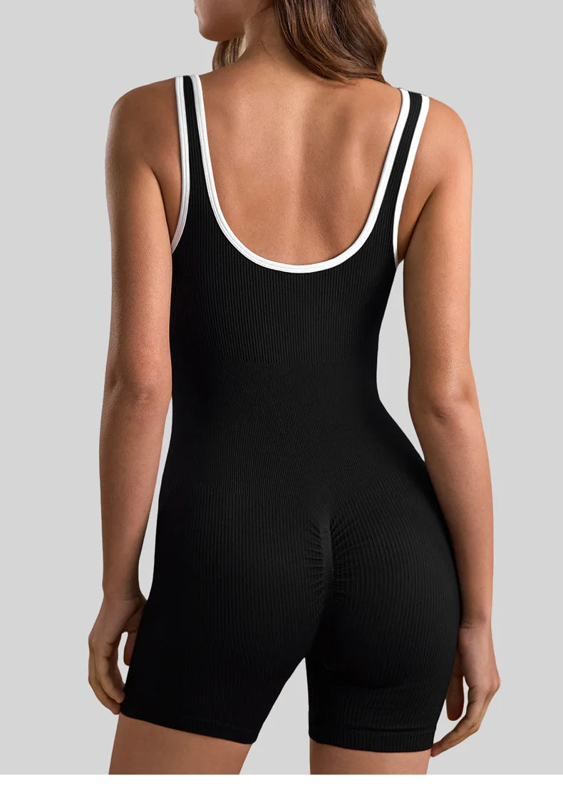 DPSTGYM-Women's Low V-Neck Yoga Jumpsuit, One-Piece Sports Shorts Set, Open-Back Gym Tracksuit, Fitted Ribbed Workout Set.