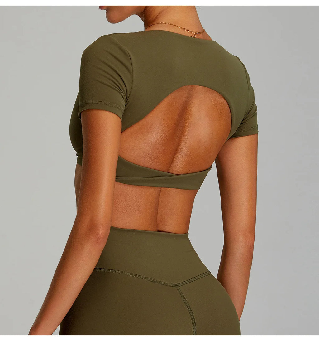 Sexy Sports Shirts Breathable Short Sleeves Workout Tops Fitness Female Backless Yoga Clothing Sport Crop Tops Women Gym Top