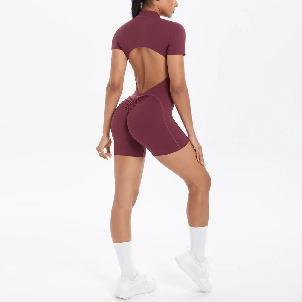 Hollow Out Backless Short Sleeved Zipper Jumpsuit for Woman Jumpsuit Yoga Suit One-Piece Legging Short Push Up Gym Yoga Clothing