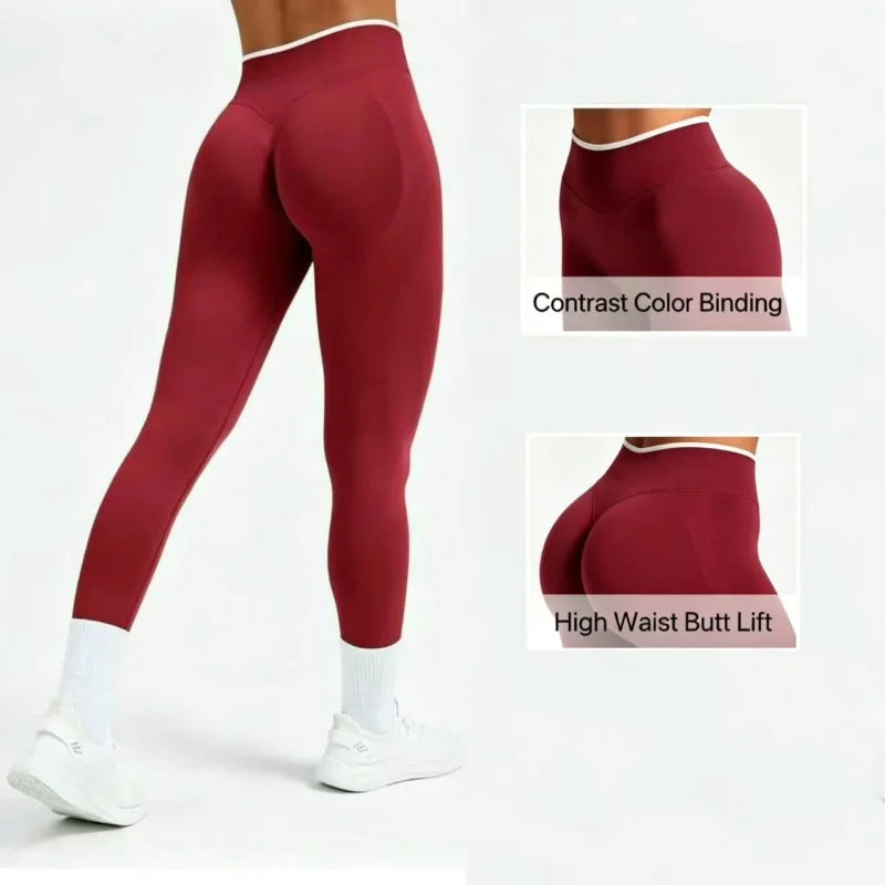 Women's High Waist Yoga Pants, Tummy Control Contrast Color Booty Leggings, Quick Dry Moisture Wicking Stretch Fitness Pants