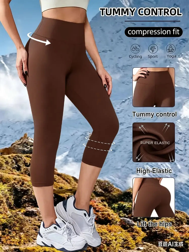 Womens High Waisted 7 Length Non See Through Leggings Ultra Soft Compression Tummy Control Yoga Workout Pants Plus Size Shorts