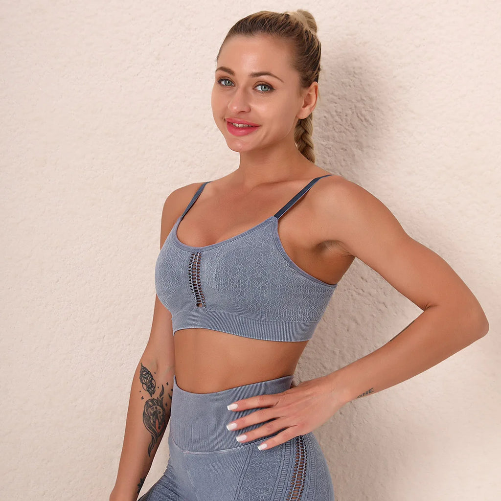 Water Washed Printing Seamless Sports Yoga Bra Hollow-Out Design Sexy Backless Strap Bra Shock-Absorbing Running Yoga Tank Top
