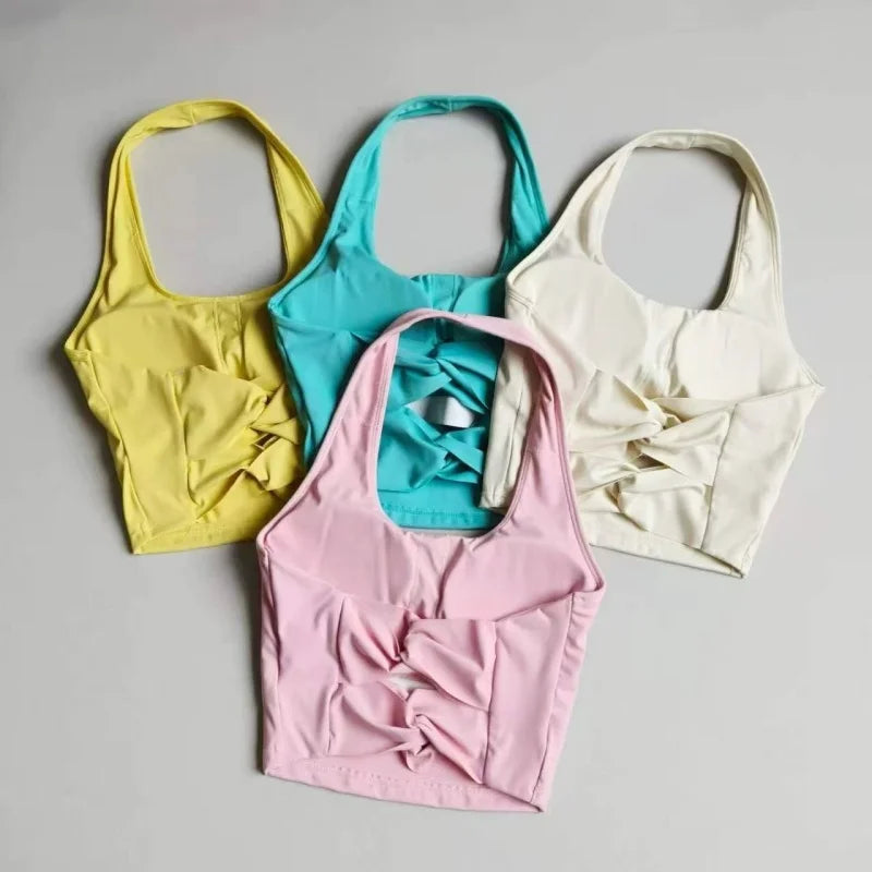 Women's Back Knot Yoga Bra Padded Halter Neck Criss Cross Sports Bra Push Up Seamless Quick Dry Workout Top for Gym Fitness