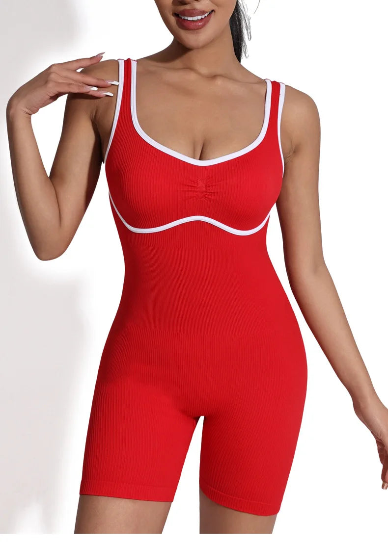 DPSTGYM-Women's Low V-Neck Yoga Jumpsuit, One-Piece Sports Shorts Set, Open-Back Gym Tracksuit, Fitted Ribbed Workout Set.