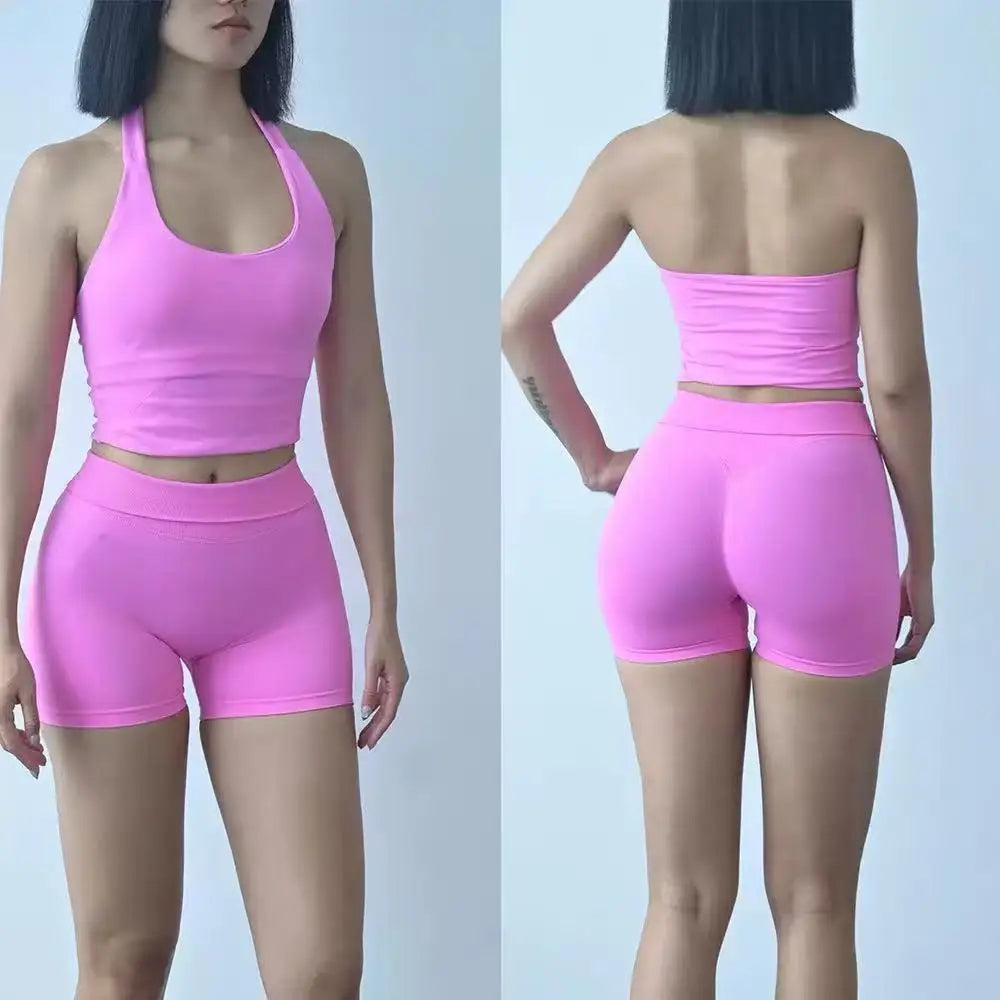 Women‘s Seamless Yoga Set 2 Piece Halter Backless Sports Bra High Waist Scrunch Butt Shorts Workout Gym Clothes Activewear