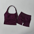 Women‘s Seamless Yoga Set 2 Piece Halter Backless Sports Bra High Waist Scrunch Butt Shorts Workout Gym Clothes Activewear