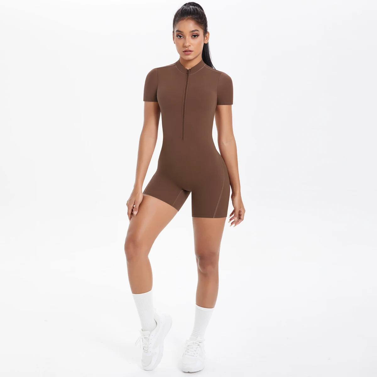 Hollow Out Backless Short Sleeved Zipper Jumpsuit for Woman Jumpsuit Yoga Suit One-Piece Legging Short Push Up Gym Yoga Clothing