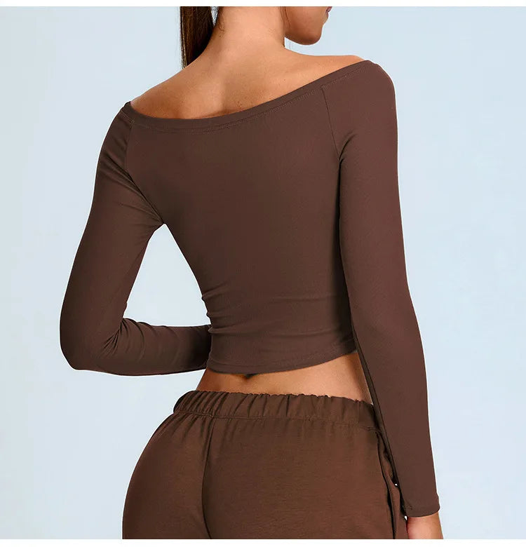 Off Shoulder Long Sleeve Yoga T-shirts Women Solid Sports Top Gym Workout Running Shirts Sexy Quick Dry Fitness Gym Sport Wear