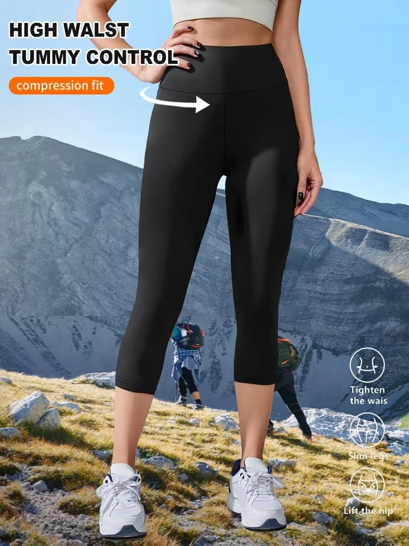 Womens High Waisted 7 Length Non See Through Leggings Ultra Soft Compression Tummy Control Yoga Workout Pants Plus Size Shorts