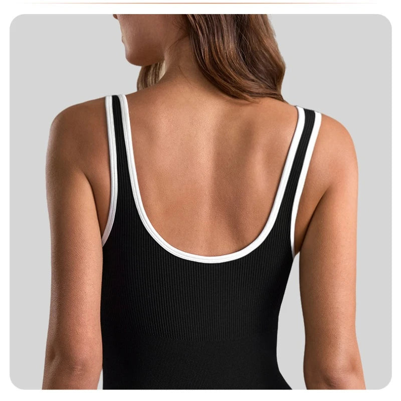 DPSTGYM-Women's Low V-Neck Yoga Jumpsuit, One-Piece Sports Shorts Set, Open-Back Gym Tracksuit, Fitted Ribbed Workout Set.