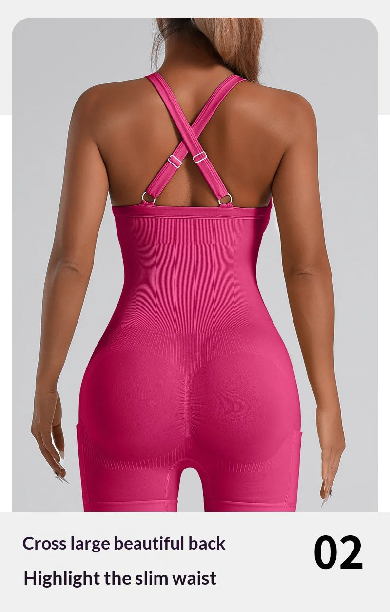 Sports Bra Built-in Criss Cross Back Yoga Bodysuit, Sexy Racerback One Piece Workout Unitard with Shorts & Padded for Women