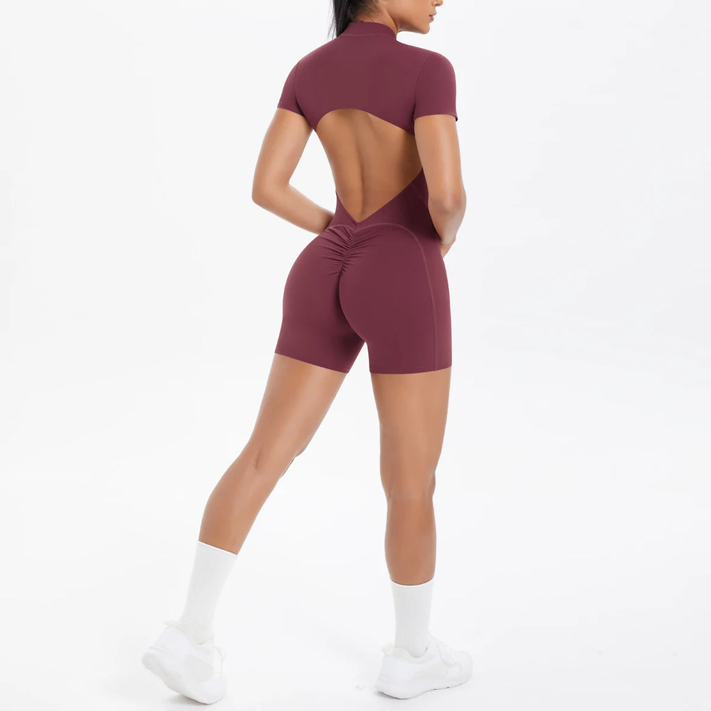 Hollow Out Backless Short Sleeved Zipper Jumpsuit for Woman Jumpsuit Yoga Suit One-Piece Legging Short Push Up Gym Yoga Clothing