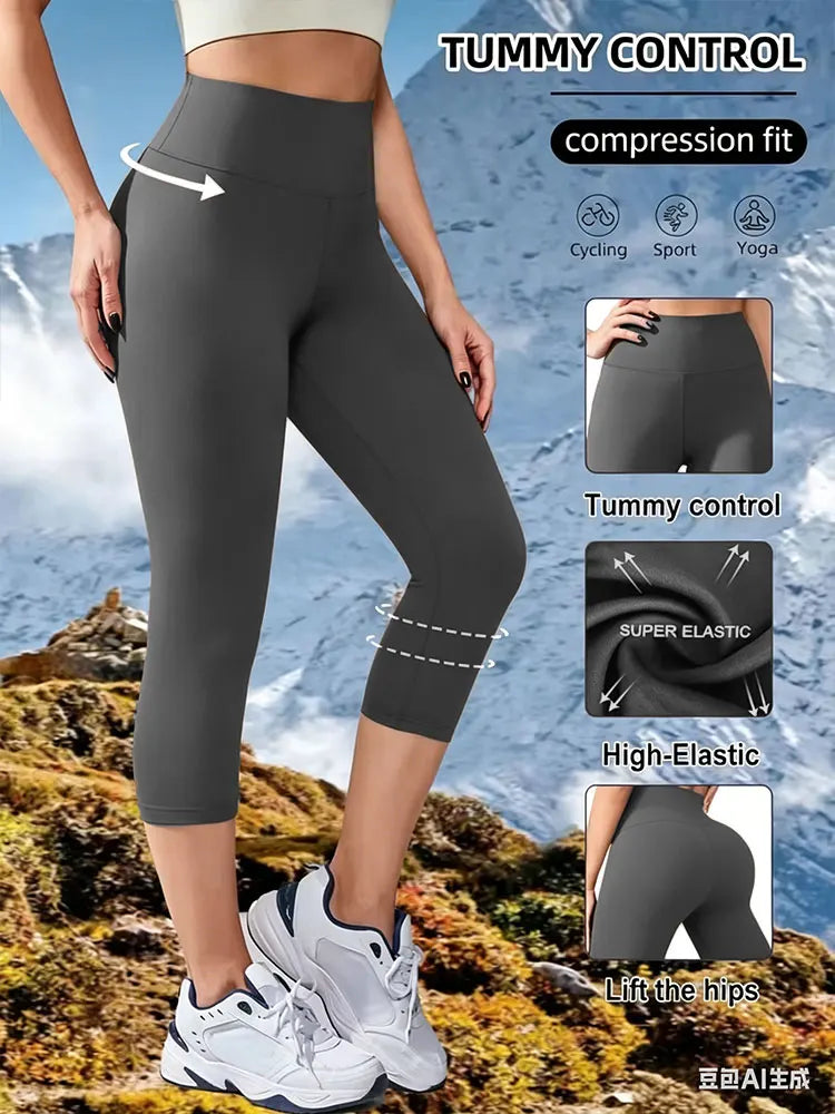 Womens High Waisted 7 Length Non See Through Leggings Ultra Soft Compression Tummy Control Yoga Workout Pants Plus Size Shorts