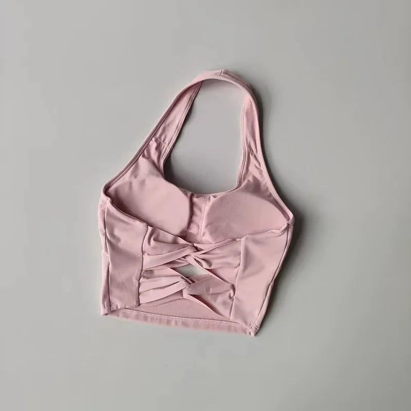 Women's Back Knot Yoga Bra Padded Halter Neck Criss Cross Sports Bra Push Up Seamless Quick Dry Workout Top for Gym Fitness
